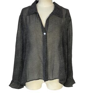 Mary McFadden Sz 20W Black White Polka Dot Sheer One Button Ruffle Sleeve Blouse